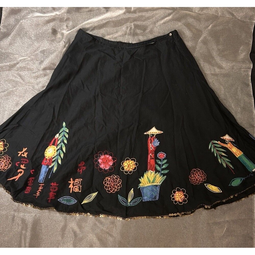 Chico's Black Satin A-Line Skirt Floral Embroidered Sequin Hem Lined